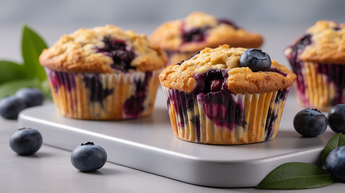 Blueberry oatmeal muffins served on a rustic wooden table