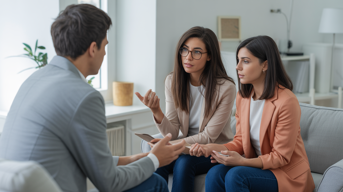Therapist guiding distressed friend dealing with toxic relationship