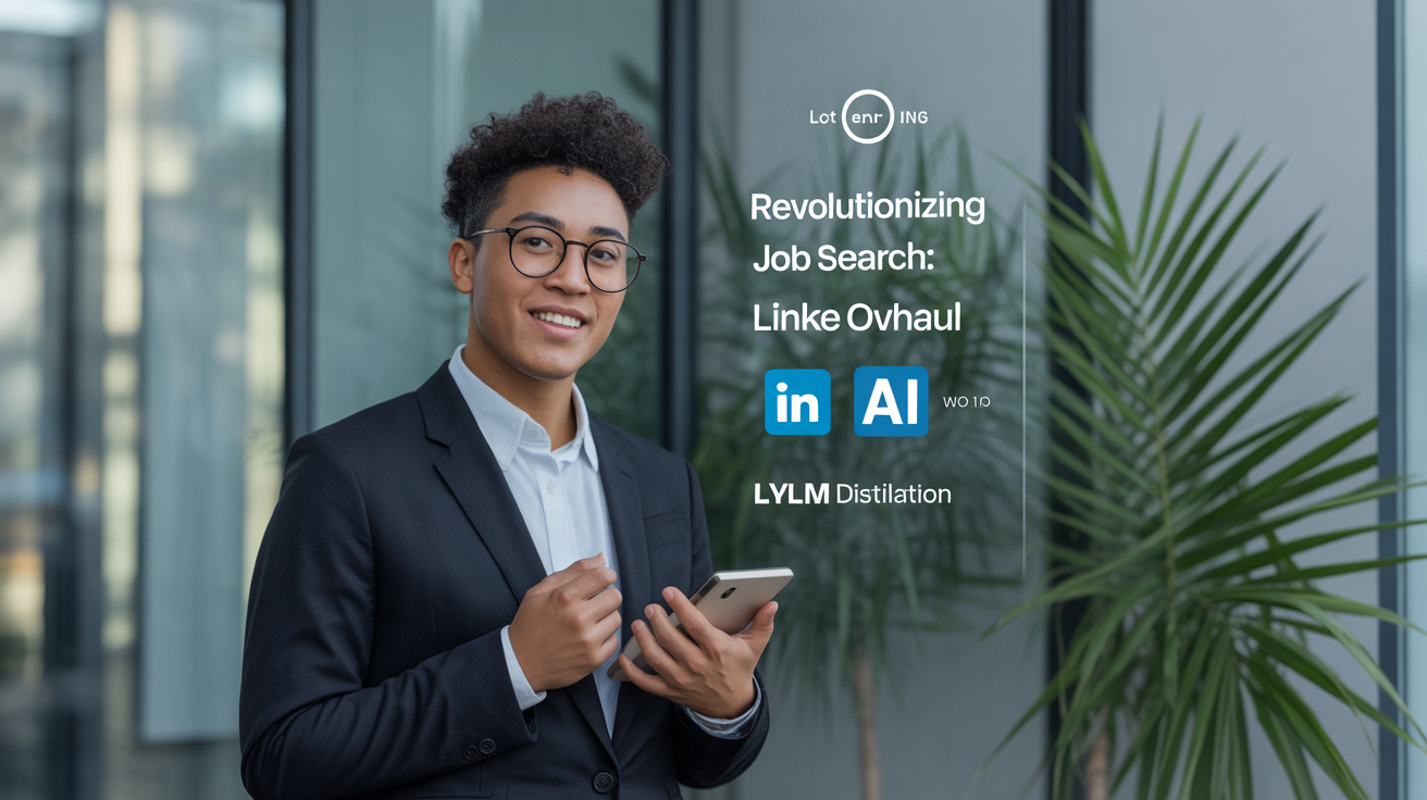 LinkedIn logo with AI technology symbols, symbolizing AI overhaul