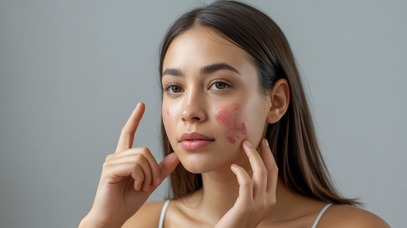 Woman examining her face for signs of PCOS-induced acne